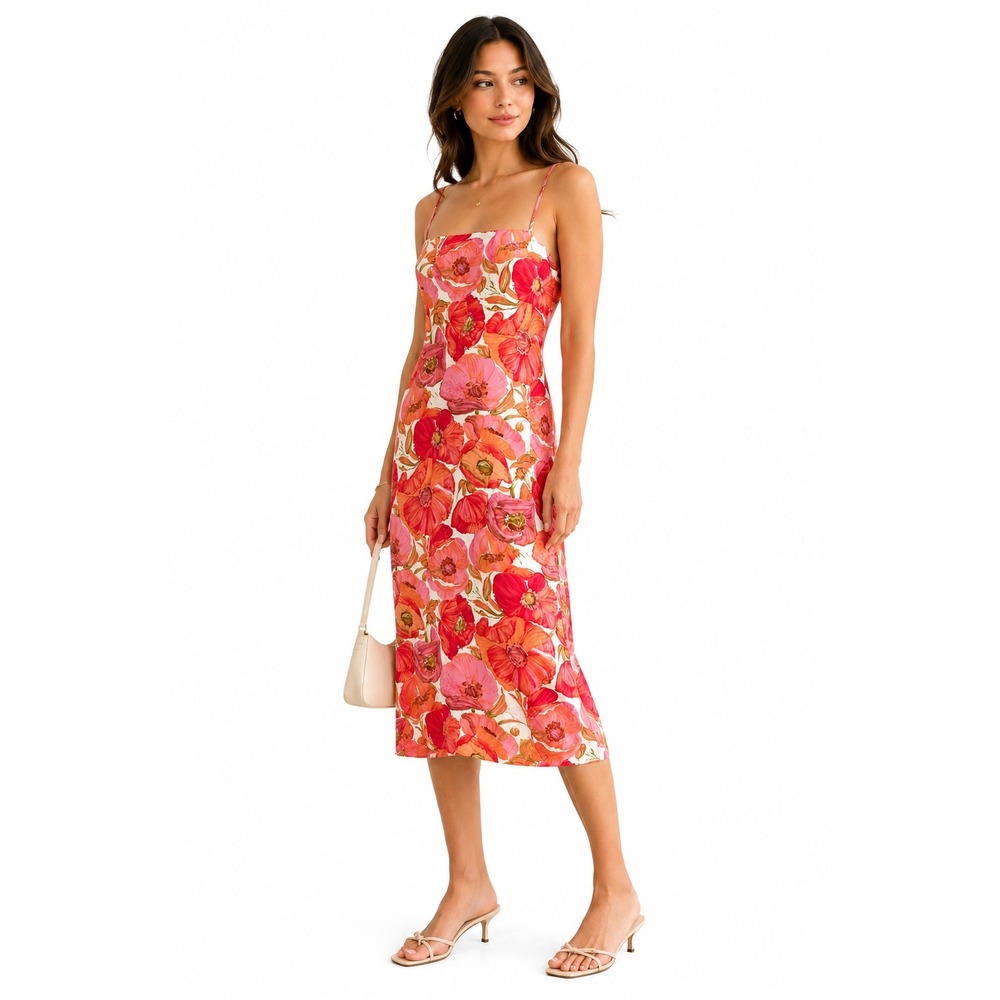 Ann Taylor Womens Dress Silk‎ Poppy Floral Slip Silk Spaghetti Strap Midi  Sz 14